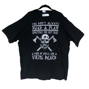 Mens 2XL Graphic Viking T-Shirt, Funny Tee, Pirate Theme, Blk & Wht
